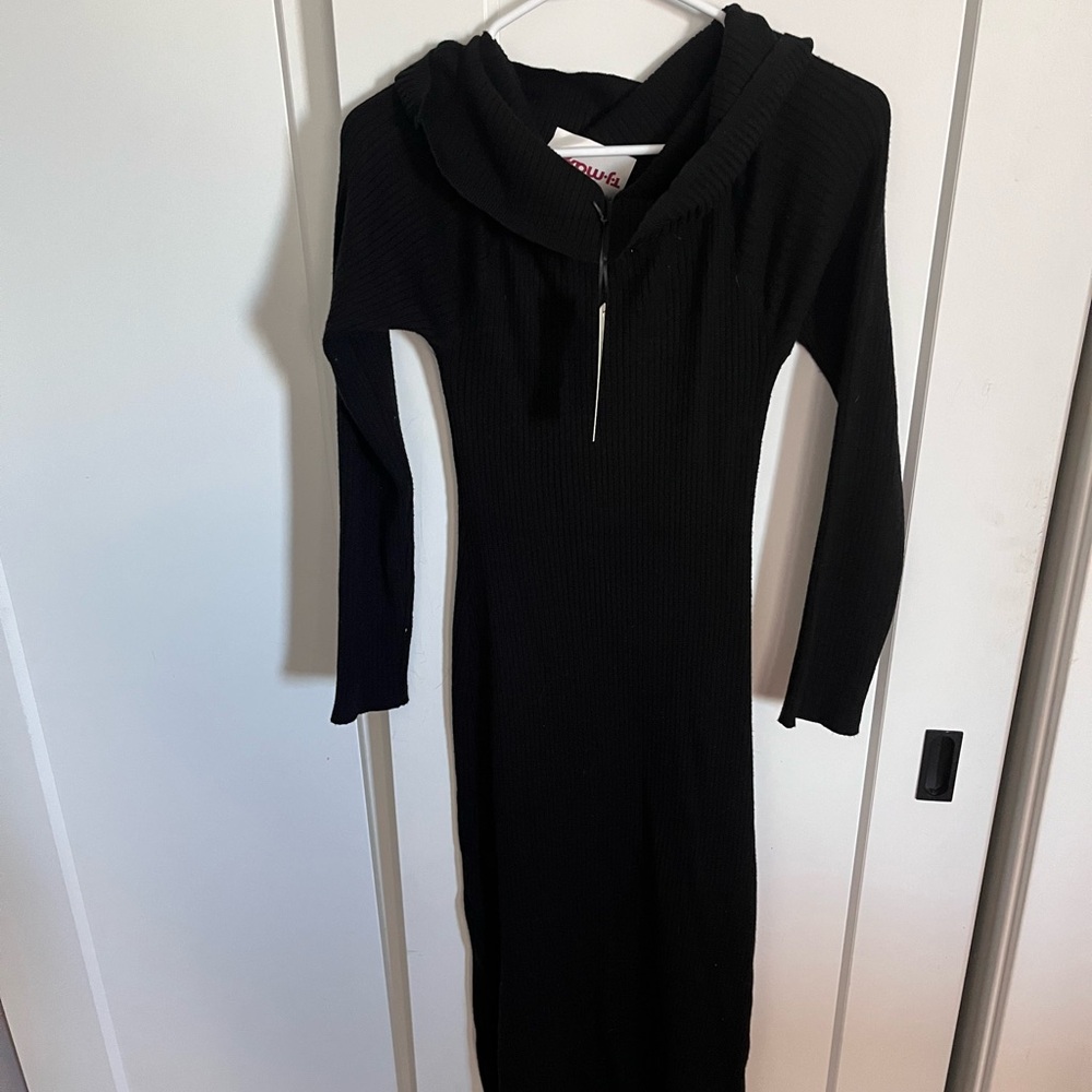 Black Ribbed Long Sleeve Dress